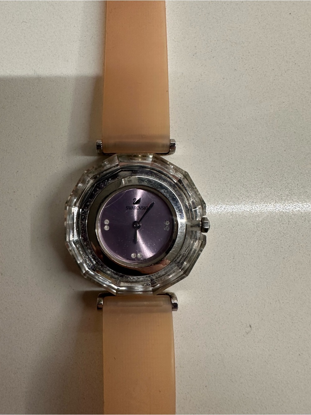 Swarovski Purple Dial Watch with Crystal Octagonal Bezel and Nude Strap